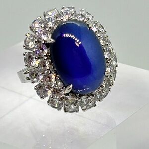 925 Sterling Lg Cabachon Faux Sapphire & Diamond Cocktail Ring